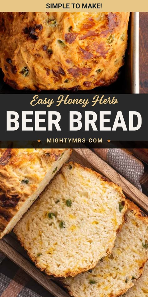 This easy honey herb beer bread recipe creates a fluffy yet semi-dense, moist bread with a chewy texture that toasts well and tastes amazing! No yeast. Just 5 Ingredients then add in extra to give this a unique spin. Use bread flour for best results. This recipe just makes sense if you love beer and bread! Recipe For Beer Bread, Jalepeno Bread Recipes, Best Beer Bread Recipe, Flavored Bread Recipes, Herb Beer Bread, Savoury Bread, Moist Bread, Beer Bread Easy, Savory Breads