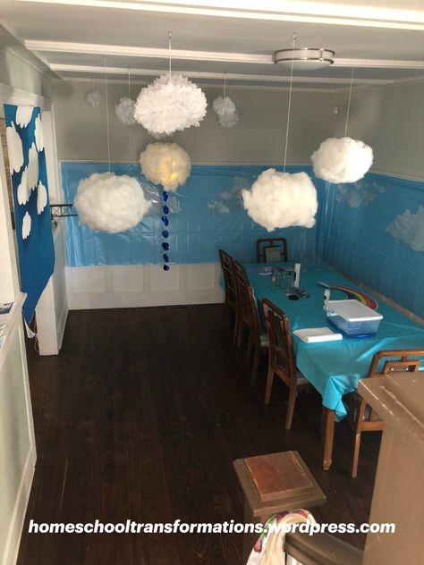 I transformed my living room into the sky for a homeschool project. Cloud Party, Cloud Theme, Homeschool Projects, Clouds In The Sky, Mom Of 3, Back To School Party, Science Units, School Party, My Living Room