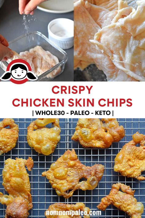 These two-ingredient crispy chicken skin chips can be made in an air fryer or oven. I bet you can’t eat just one chicken crackling! Chicken Skin Chips, Chicken Crackling Recipe, Crackling Recipe, Fried Chicken Skin, Chicken Crisps, Dehydrated Chicken, Air Fryer Fried Chicken, Whole 30 Snacks, Chicken Skin