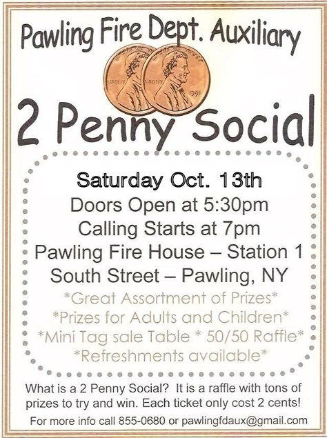 Annual 2 Penny Social - Pawling Fire Department Fire Dept Fundraiser Ideas, Fire Department Fundraiser Ideas, Fire Station Fundraiser, Fire Department Community Event, Fire Department Fundraiser, Ladies Auxiliary Fire Department Ideas, 50 50 Raffle, Fire Wife, House Fire