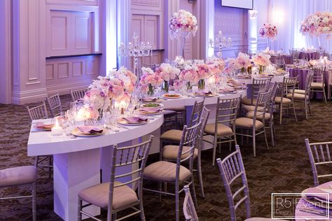 Chic and elegant wedding with snake tables, crystal candelabras & flowers! by R5 Event Design Serpentine Table, Pink And Purple Wedding, Candelabra Flowers, Pink Purple Wedding, Crystal Candelabra, August Wedding, Chic And Elegant, Wedding Arrangements, Chapel Wedding