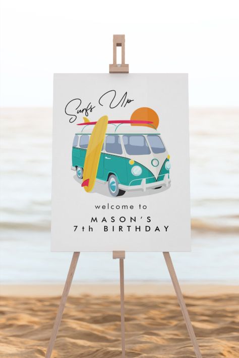 Surf Centerpiece Ideas, Surf Birthday Theme, Surf Up, Welcome Sign Beach, Kids Pool Party Birthday, Surf Birthday Party, Surfing California, Surf Birthday, Retro Bus