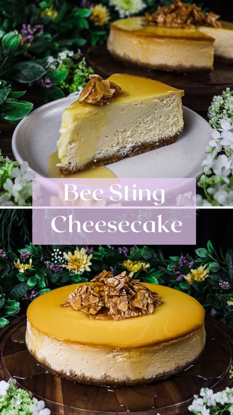 Spring Equinox Wedding, Honey Inspired Food, Spring Cheesecake Flavors, Honey Wedding Cake, Honey Cheesecake Recipes, Bee Cheesecake, Spring Cheesecake Recipes, Spring Equinox Food, Desserts With Honey