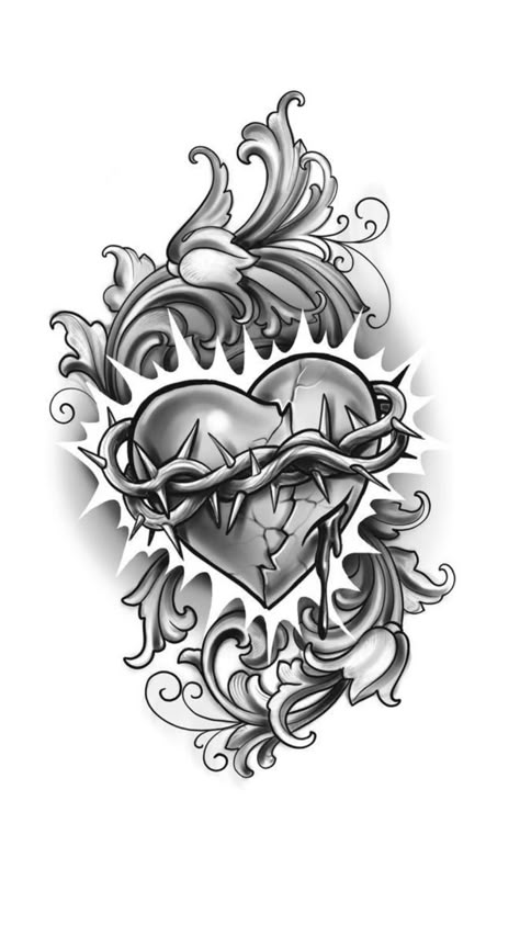 Heart Tattoo Drawing, 3d Tattoo Designs, Sacred Heart Tattoo, Tattoos Arm Sleeve, Sacred Heart Tattoos, Half Sleeve Tattoos Drawings, Tattoos Arm, Chicano Art Tattoos, Chicano Drawings