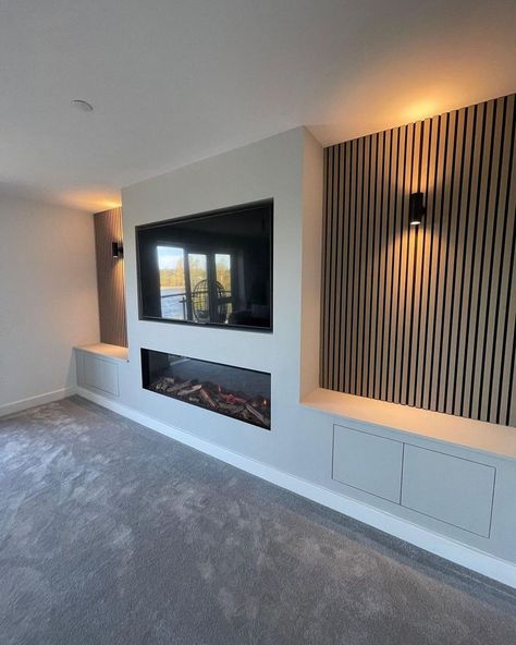 modern interior design with tv fireplace Cosy Media Wall, Electric Fireplace Slat Wall, Media Wall Cladding, Acoustic Panel Media Wall, Oak Media Wall, Living Room Cladding, Acoustic Wall Panels Living Room, Panelled Media Wall, Dark Media Wall