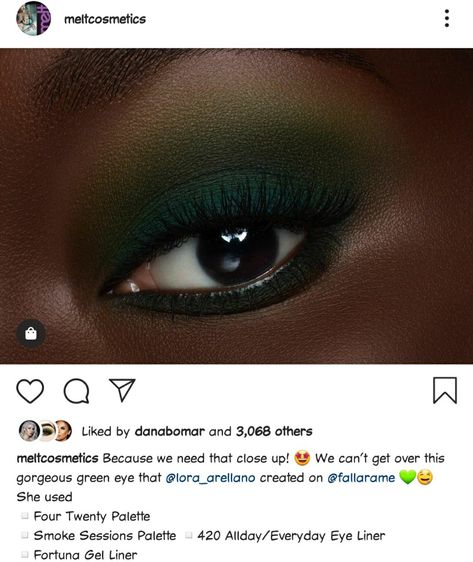 #meltfourtwenty Green Eye Shadow Looks, Green Smokey Eye, Eye Shadow Looks, Green Eye, Green Eyeshadow, Eye Makeup Ideas, My Colors, Jewelry Nails, Dark Skin Makeup