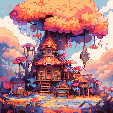 ArtStation - Fairy Tree House Fairy Village Drawing Tree Houses, Treehouse Art Studio, Treehouse Aesthetic Drawing, House In Tree Drawing, Fairy House Concept Art, Tree House Illustration, Art Brainstorm, Fairy House Drawing, Fairy Garden Drawing