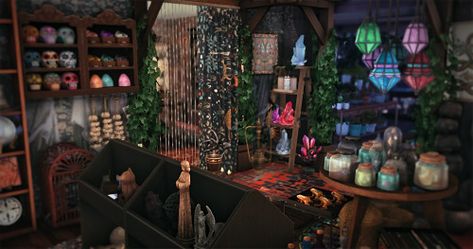 Sims Witch Cottage, Sims 4 Occult House, Sims 4 Witch Cc Furniture, Sims 4 Maximalist Cc, Sims 4 Shop, Sims 4 Witch House, Potion Bar, Voodoo Shop, Witch Store