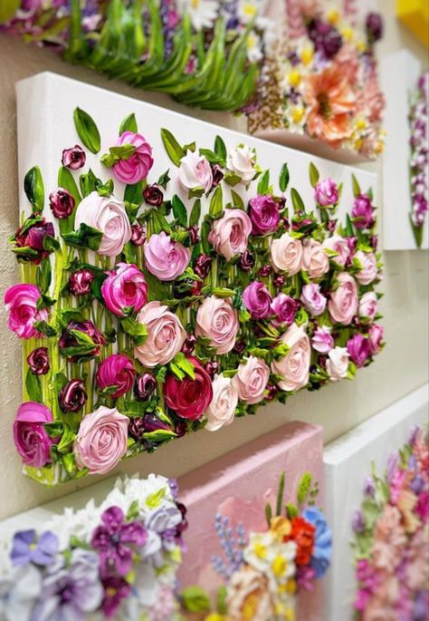 Canvas With Flowers Glued On, 3d Sculpture Painting, 3d Floral Art, Impasto Flower Painting, 3d Flower Painting, Acrylic Paint Colors, Texture Painting On Canvas, Clay Wall Art, Diy Artwork