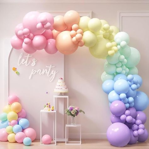 Amazon.com: HOUSE OF PARTY 140PCS Pastel Rainbow Balloon Arch Garland Kit - Balloon Arch Kit-Birthday Balloons, Globos para Decoracion de Fiestas | Ideal for Graduation Party Decorations, First Birthday Wedding : Toys & Games Pastel Rainbow Balloon Arch, Rainbow Theme Party Decorations, Lucky One Birthday Party, Pastel Balloon Arch, Floral Balloon Arch, Lucky One Birthday, Rainbow Birthday Party Decorations, Balloon Arch Ideas, Rainbow Balloon Arch