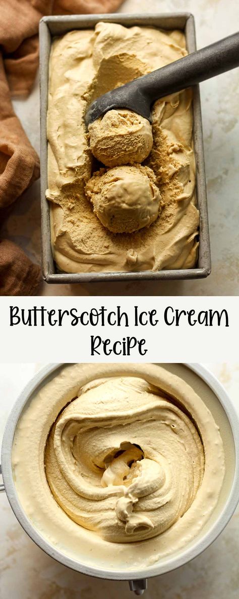 This Butterscotch Ice Cream Recipe is quick and easy to make in any two-quart ice cream machine. It combines the rich, buttery taste of butterscotch with a smooth, creamy texture that the whole family will love! Old Fashion Ice Cream Recipes, Ice Cream Sauces Recipes, Home Made Ice Cream Recipes Kitchenaid, Old Fashion Ice Cream Maker Recipes, Winter Ice Cream Flavors, Butterscotch Ice Cream Recipe, Sweet Cream Ice Cream Recipe, Cuisant Ice Cream Maker Recipes, Small Batch Ice Cream Recipes