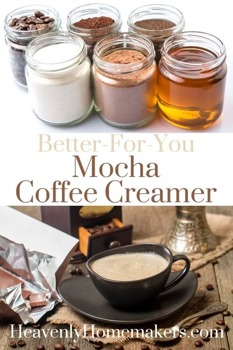 Better-For-You Mocha Coffee Creamer | Heavenly Homemakers Homemade White Chocolate Mocha Coffee Creamer, Diy Creamer Coffee, Creamer Recipes Coffee, Mocha Coffee Creamer Recipe, Mocha Creamer Recipe, Mocha Creamer, Homemade Cafe, Homemade Mocha, Keto Coffee Recipe