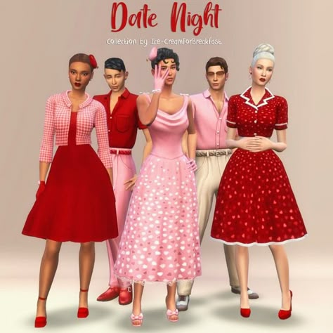 Sims 4 1950s Cc Clothes, Sims 4 Dresses Cc Maxis Match, Sims 4 Valentines, Themed Date Night, Sims 4 Decades Challenge, Pelo Sims, Sims 4 Cc Folder, Eva Dress, Sims 4 Dresses