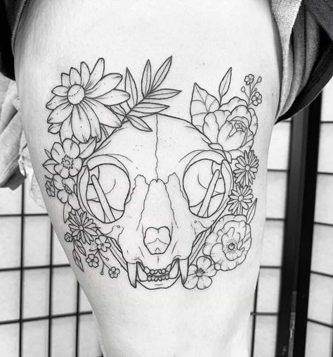 Cat And Skull Tattoo, Skull Chest Tattoo Female, Flower Crown Tattoo, Skull Chest Tattoo, Skull Flower Tattoo, Cat Skull Tattoo, Skull Tattoo Ideas, State Tattoos, Her Tattoo