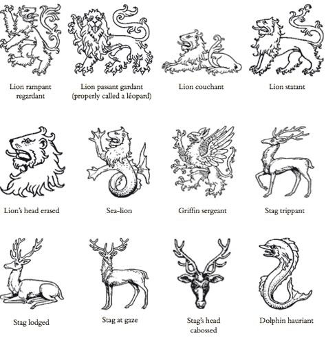 Attitudes of animals. Notice the different terms used for beasts of prey (such as lions) and stags. Heraldic beasts often bear no resemblance to their natural counterparts, as with the heraldic dolphin and the sea-lion, clearly conceived by someone who had never seen the real thing. Family Crest Symbols, Animal Meanings, Heraldry Design, Medieval Artwork, Own Language, Scottish Clans, Coat Of Arm, Lion Tattoo, Medieval Art