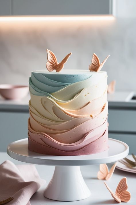 Create stunning celebration cakes with these 20 butterfly cake ideas, showcasing colorful designs and artistic touches. Perfect for various events, using a single image of an impressive butterfly swirl ombre cake. Butterfly Cake Buttercream, Blue Butterfly Cake Ideas Birthdays, Jewel Birthday Cake, Cake Decor Inspiration, Fairy Butterfly Birthday Cake, Ombré Birthday Cake, Ombre Layer Cake, Cakes Design Simple, Buttercream First Birthday Cake