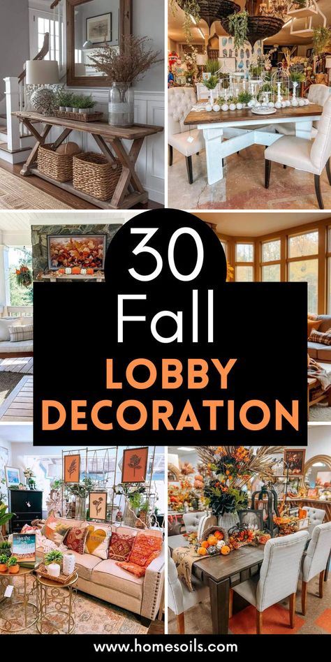 Elevate your entryway with 30 fall lobby decor ideas that bring warmth and seasonal charm. From cozy autumn wreaths to rustic pumpkins and elegant centerpieces, these ideas will create a welcoming atmosphere. Transform your lobby into a festive fall haven with these stylish touches! Hotel Fall Decorations, Fall Decor For Office Lobby, Fall Foyer Decor Ideas, Fall Display Ideas, Lobby Decor Ideas, Fall Office Decor Work, Thanksgiving Entryway Decor, Office Fall Decorations Ideas, Hobby Lobby Fall Decor Ideas