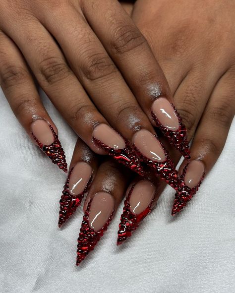 Red Diamond Frenchies ❤️💎 • • • Apres Natural Stiletto Long • • • #nails #nailsnailsnails #nailsofinstagram #nailsbyavryl #gelx #gelxnails #gelxnailtech #explorepage #frenchtipnails #diamondnails #stilettonails Burgundy Stiletto Nails, Dark Red Stiletto Nails, Red Nails With Gems, Red Stiletto Nails, Stilleto Nails Designs, Stiletto Nails Designs, Red Nail Designs, Almond Acrylic Nails, Military Ball