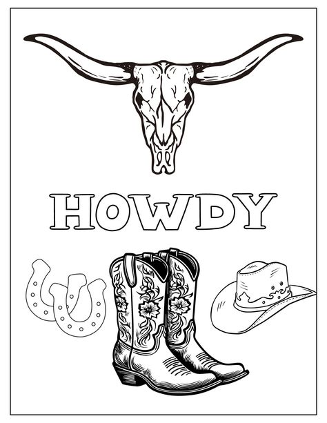 Coloring page for kids or adults! Cowgirl Coloring Pages, Country Coloring Pages, Western Coloring Pages, Mad Tattoo, Preppy Coloring Pages, Country Drawings, Preppy Artwork, American Flag Coloring Page, Coloring Pages Aesthetic