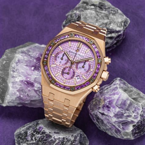 Precious Stones. Amethyst 💎💜  Audemars Piguet Royal Oak Chronograph Rose Gold Baguette Diamond Bezel Purple Index Dial  REF: #26319OR Audemars Piguet Royal Oak Rose Gold, Audemars Piguet Royal Oak Chronograph, Ap Royal Oak Chronograph, Purple Watch, Audemars Piguet Watches, Fancy Watches, Nice Jewelry, Mens Fashion Watches, Expensive Jewelry