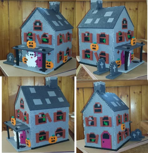 3D Halloween perler bead haunted house (adapted from a plastic canvas pattern) Perler Bead Haunted House, Perler House, Perler Beads 3d, Halloween Perler, Perler 3d, Hama Beads Christmas, Beads Halloween, Christmas Perler Beads, Uhyggelig Halloween