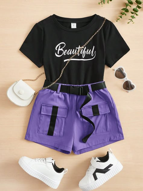 Lila Púrpura Casual Collar manga corta  Letras  Embellished Elástico Ligero Verano Purple Style Outfit, Purple Summer Outfits, Neon Fits, Cute Outfits With Shorts, Adrette Outfits, Purple Outfit, Utility Shorts, Cute Dress Outfits, Purple Outfits