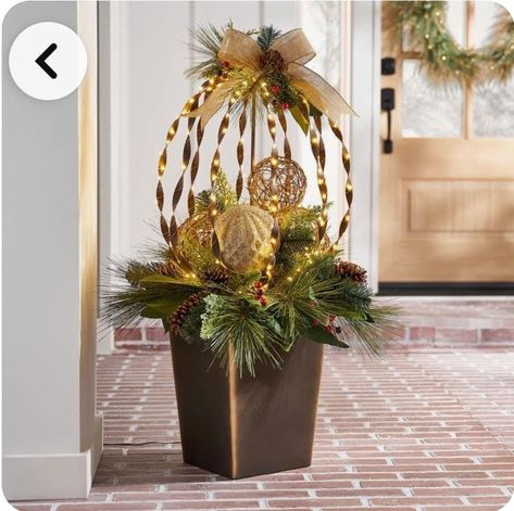 Front Porch Christmas Planters, Back Porch Christmas Decor, Front Porch Xmas Decor, Christmas Porch Garland, Christmas Topiary Outdoor, Christmas Pots Outside Front Porches, Christmas Ball Topiary, Winter Pots Outdoor Front Doors, Porch Christmas Decorations Outdoor