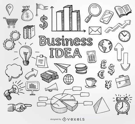 Set of business related hand drawn doodle elements ranging from graphs, pie charts, lightbulb, books, clock, calculator, money and more. High quality JPG includ Money Doodle, Business Doodles, Business Drawing, Doodle Elements, Visual Note Taking, Book Clock, Pie Charts, Bujo Doodles, Sketch Note