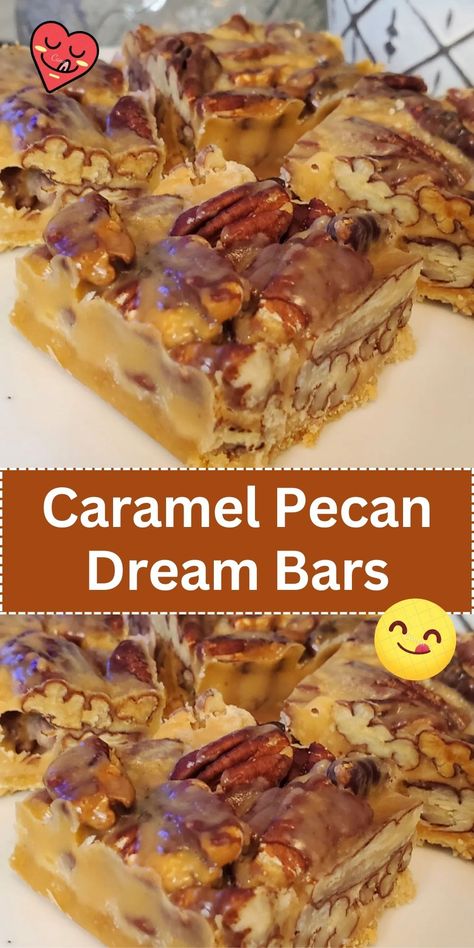 Indulge in the dreamy combination of caramel and pecans with our Caramel Pecan Dream Bars. A sweet and nutty delight. Caramel Pecan Dream Bars, Pecan Dream Bars, Caramel Pecans, Pecan Bars Recipe, Easy Dessert Bars, Caramel Delights, Box Cakes, Pecan Desserts, Pie Bar Recipes