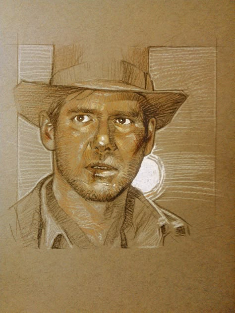 Drew Struzan, Night Sketch, Indiana Jones Films, Doug Jones, Raiders Of The Lost Ark, Lost Ark, Pastel Portraits, Sweet Art, Toned Paper