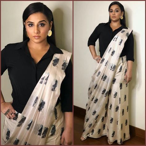 Saree With Shirt Blouse, Shirt With Saree Style, Sari With Shirt, Corporate Saree Look, Shirt And Saree Outfit, Saree With Shirt, Long Blouse Saree, Long Blouse Designs, Saree Wearing Styles