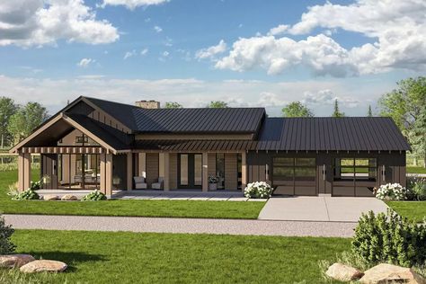 2-Bed Barndominium House Plan with Outdoor Fireplace - 2199 Sq Ft - 623444DJ | Architectural Designs - House Plans Barndominium Styles, Master Suite Addition Plans, Sink Window, Granny Cottage, Master Suite Addition, Lakehouse Ideas, Barndominium House, Large Garage, Creek House