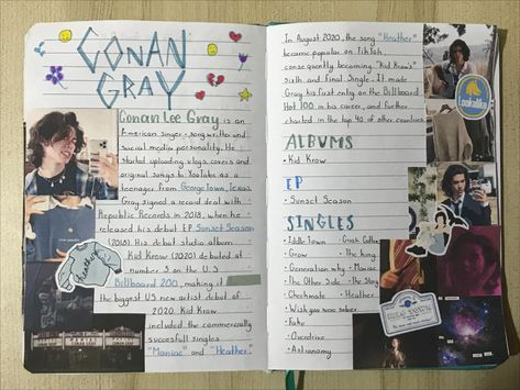 Hey yall! Today I decided to create a journal page for Conan because he is amazing😭🖐 Conan Gray Journal Ideas, Conan Gray Journal, Concert Journal, Create A Journal, Potter Fanart, Bulletin Journal, Habit Tracker Bullet Journal, Music Journal, Bulletin Journal Ideas