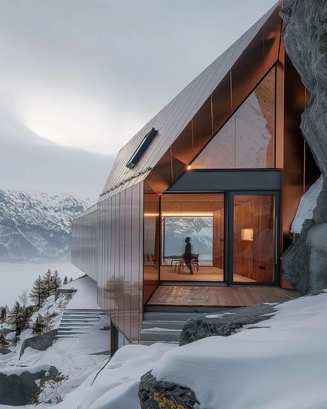 reflective refuge #imagine #midjourneyarchitect #midjourney #artificialintelligence #artificialarchitecture #artificialsketchbook #designboom #architecture #design #generativedesign #dogtourage #doggo #dog #doglovers Modern Farmhouse Architecture, Icelandic Architecture, Icelandic House Architecture, Winter Render Architecture, Norway Architecture Modern, House On Snowy Mountain, Front Porch Ideas For Mobile Homes, Summer Front Porches, Winter Porch