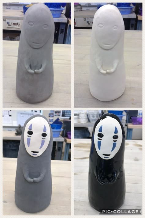 Clay Statues Diy, No Face Pottery, No Face Sculpture, No Face Ceramic, Air Clay Figures, Ghibli Sculpture, Ghibli Clay Ideas, Air Dry Clay Anime, Air Dry Clay Figurine