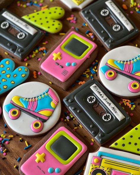 80s Birthday Cookies, 80s Decorated Cookies, 90s Themed Cookies Decorated, Retro 80s Birthday Party, 80s Theme Treats, 80s Theme Cake Birthdays, 1980 Birthday Party Ideas, Old School Theme Party, 80’s Themed Cake