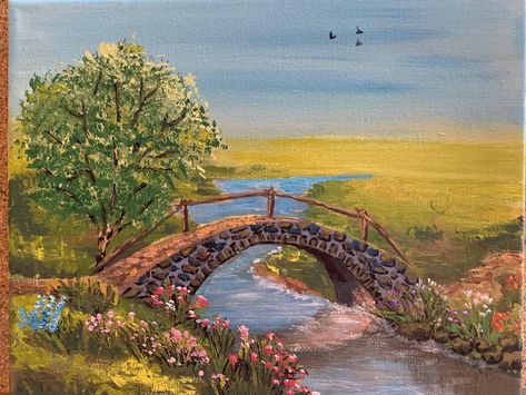 Painting Of Bridge, Bridge Over Water Painting, River Bank Painting, Bridge Art Paintings, Fairy Garden Drawing, River Drawing, Bridge Drawing, Road Painting, Drawing Scenery