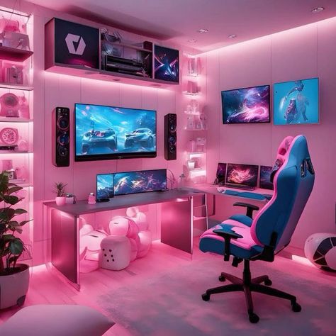 Gaming Room Setup Ps5, Female Gamer Room, Womens Gaming Setup, Female Gaming Room, Girls Gamer Room, Women Gaming Setup, Gamer Bedroom Girl, Gaming Bedroom Girl, Gaming Area In Bedroom