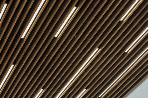 Energy Center 4 - Hunter Douglas Architectural Baffled Ceiling, Baffle Ceiling Design, Wood Slat Ceiling, Baffle Ceiling, False Ceiling Living Room, Open Ceiling, Timber Slats, Timber Ceiling, Ceiling Detail