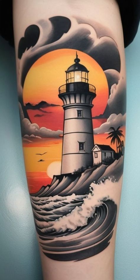 Lighthouse Cover Up Tattoo, Lighthouse Tattoo Neotraditional, Lighthouse Tattoo Color, Lighthouse Waves Tattoo, Ocean Tattoo Design, Lighthouse Tattoo Design, Flash Tattoo Sleeve, Lighthouse Tattoo Meaning, Traditional Lighthouse Tattoo