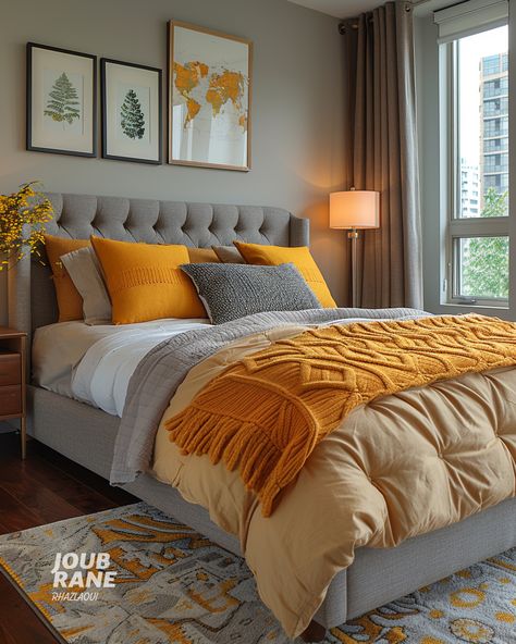 Transform your bedroom with a modern touch! This design features a grey tufted headboard, vibrant yellow accents, and stylish wall art. Perfect for a refreshing bedroom makeover. Discover more bedroom ideas at RegionalNest. Grey And Orange Bedroom Ideas, Yellow And Grey Bedroom, Grey And Yellow Bedroom, Grey Tufted Headboard, Bedroom Interior Colour, Gray Bedroom Walls, Ideal Bedroom, Camping Inspiration, Interior Colors