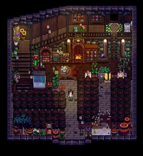 Aimon's Tidy Cozy Cellar at Stardew Valley Nexus - Mods and community Stardew Valley House Interior Modern, Stardew Valley House Design Ideas, Stardew Valley House Interior Goth, Stardew Valley Goth Farm, Cozy Stardew Valley House, Stardew Valley Naver Cafe, Basement Stardew Valley, Dark Academia Stardew Valley House, Stardew Valley Basement Design