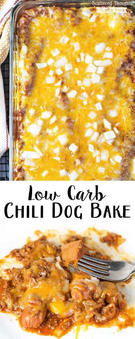 This easy Low Carb Chili Dog Bake is AMAZING!!! Made with Hot Dogs, a low carb chili recipe and cheese, you just cant go wrong with this Chili Dog Casserole! Casseroles Keto, Chili Dog Bake, Dogs Recipes, Eating Low Carb, Bake Healthy, Chili Dog, Low Carb Chili, Keto Beef, 2b Mindset