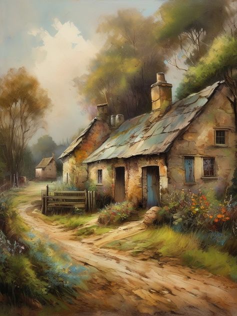 Countryside Paintings, Farm Paintings, Antique Oil Painting, Landscape Art Painting, British Countryside, Country Landscaping, House Decorations, Painting Vintage, Old Farmhouse