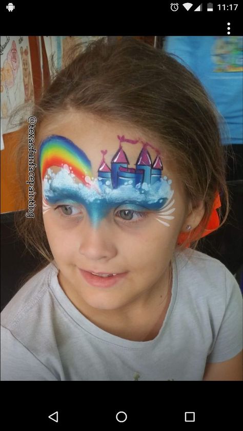 Rainbow Castle in the sky Sky Face Paint, Rainbow Unicorn Face Paint, Rainbow Face Paint Pride, Rainbow Kitty Face Paint, Painting Castle, Rainbow Princess Face Paint, Rainbow Castle, Painting Princess, Painting Rainbow