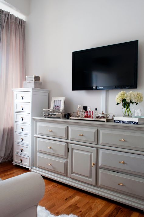 Mirror Dresser Organization Ideas, Long Dresser With Tv, Bedroom Dresser Ideas With Tv, Gray Dresser Decor, Dresser Decor Bedroom With Tv Mounted, Tv Over Dresser, Dresser Styling With Tv, Top Of Dresser Organization, Tv Over Dresser In Bedroom