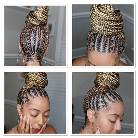 Blonde Braided Updo For Black Women, Blonde Cornrow Ponytail, Updo Feed In Braids, Cornrows Updo Bun, Upstyle Braids For Black Hair, Pretty Cornrows, Ponytail Braided Hairstyles, Upstyle Braids, Braided Updo Black Hair