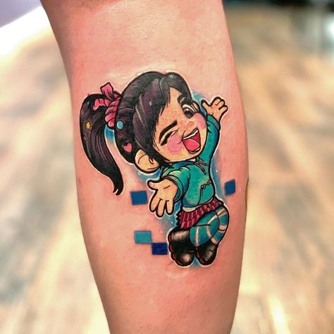 Tony Davis on Instagram: “Venelope from Wreck-It Ralph from the other day. 🍭” Wreck It Ralph Tattoo Ideas, Wreck It Ralph Tattoo, 90s Tattoos, Vanellope Y Ralph, Disney Sleeve, Princess Tattoo, Vanellope Von Schweetz, Knee Tattoo, Wreck It Ralph