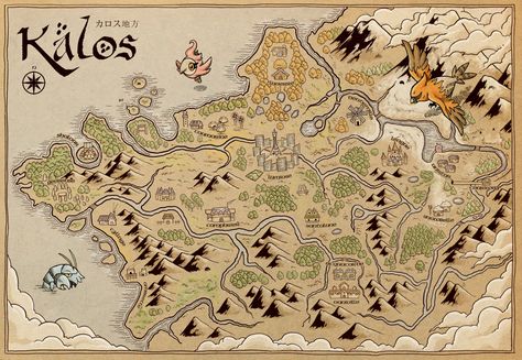 Kalos Map. By Adam Rufino via Behance Pokemon Kalos Region, Kalos Region, Poster Handmade, Pokemon Kalos, Middle Earth Map, Pokemon Poster, Pokemon Regions, Handmade Canvas, Pokemon Images