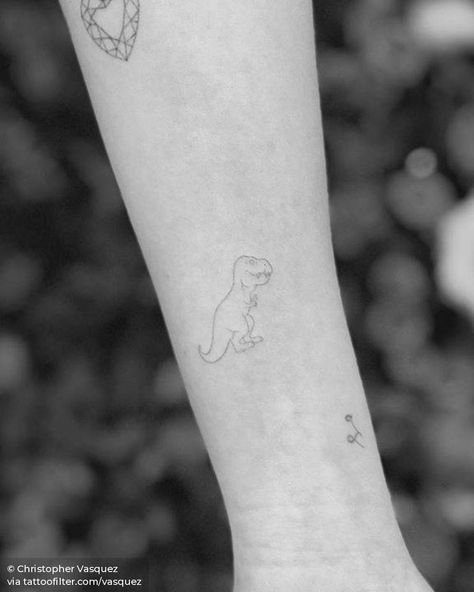 Fine line T-Rex tattoo. Tiny Trex Tattoo, Fine Line Dinosaur Tattoo, Tiny T-rex Tattoo, T Rex Tattoo Cute, Tattoo Muñeca, Rex Tattoo, Line Animals, T Rex Tattoo, Russian Tattoo